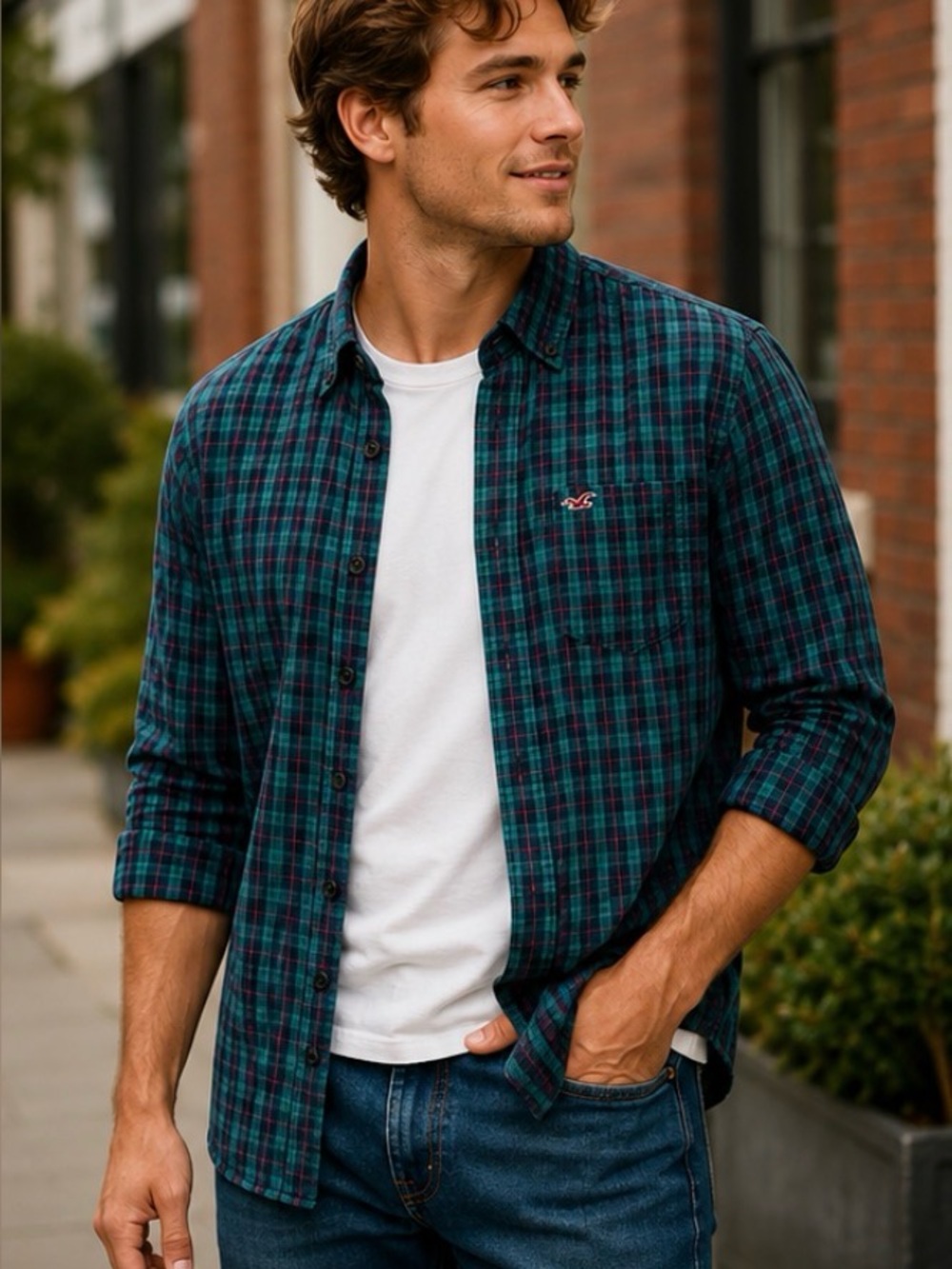 Hollister Men’s Large Green Navy Plaid Button Down Shirt Y2K